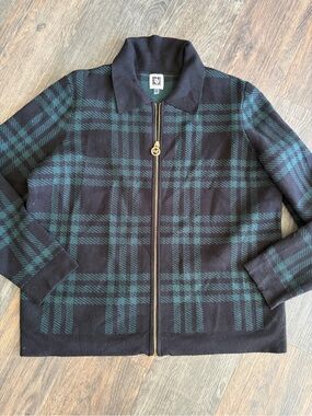 Anne Klein Black and Teal Plaid Zip Jacket